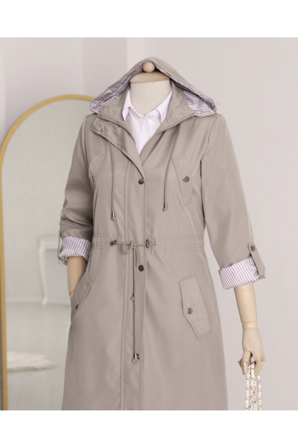 Striped Trench Coat  -Grey