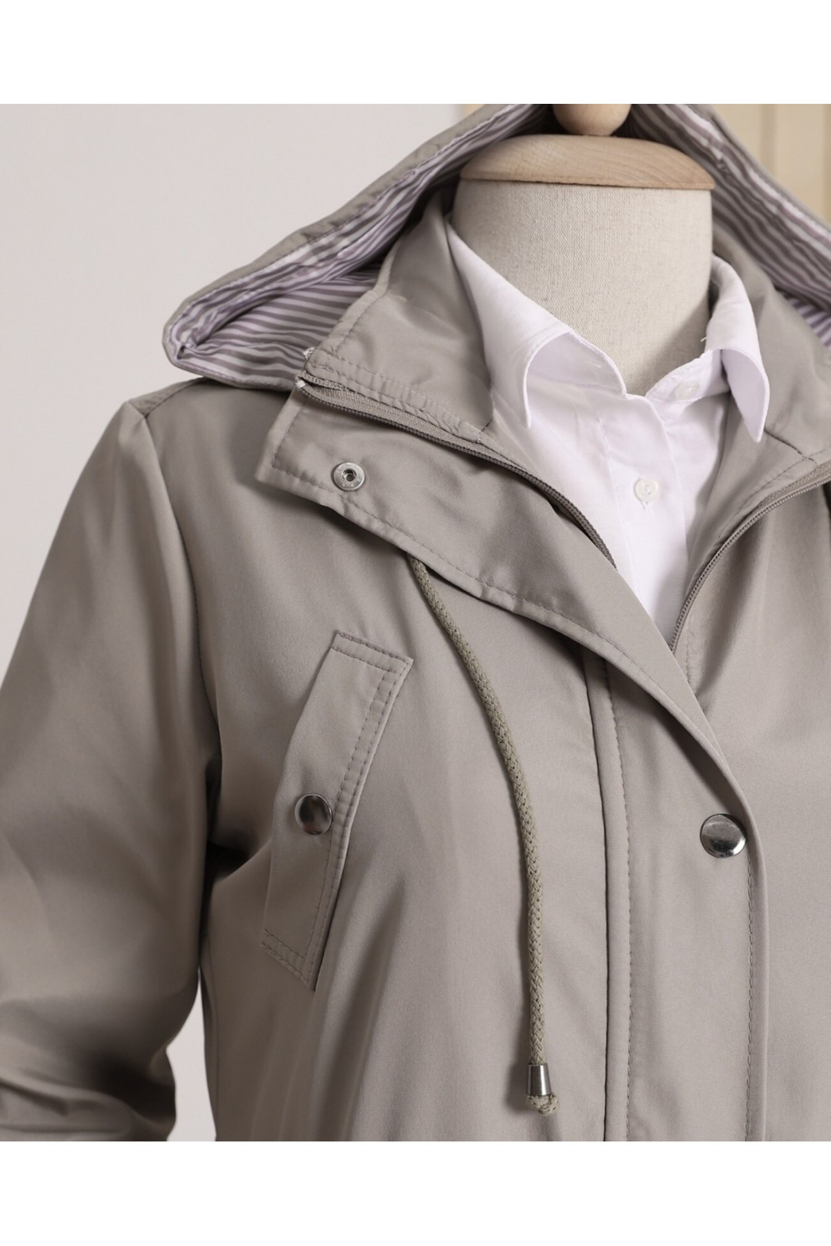 Striped Trench Coat  -Grey