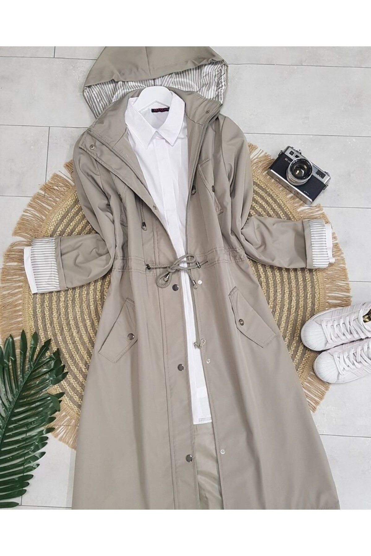 Striped Trench Coat  -Grey