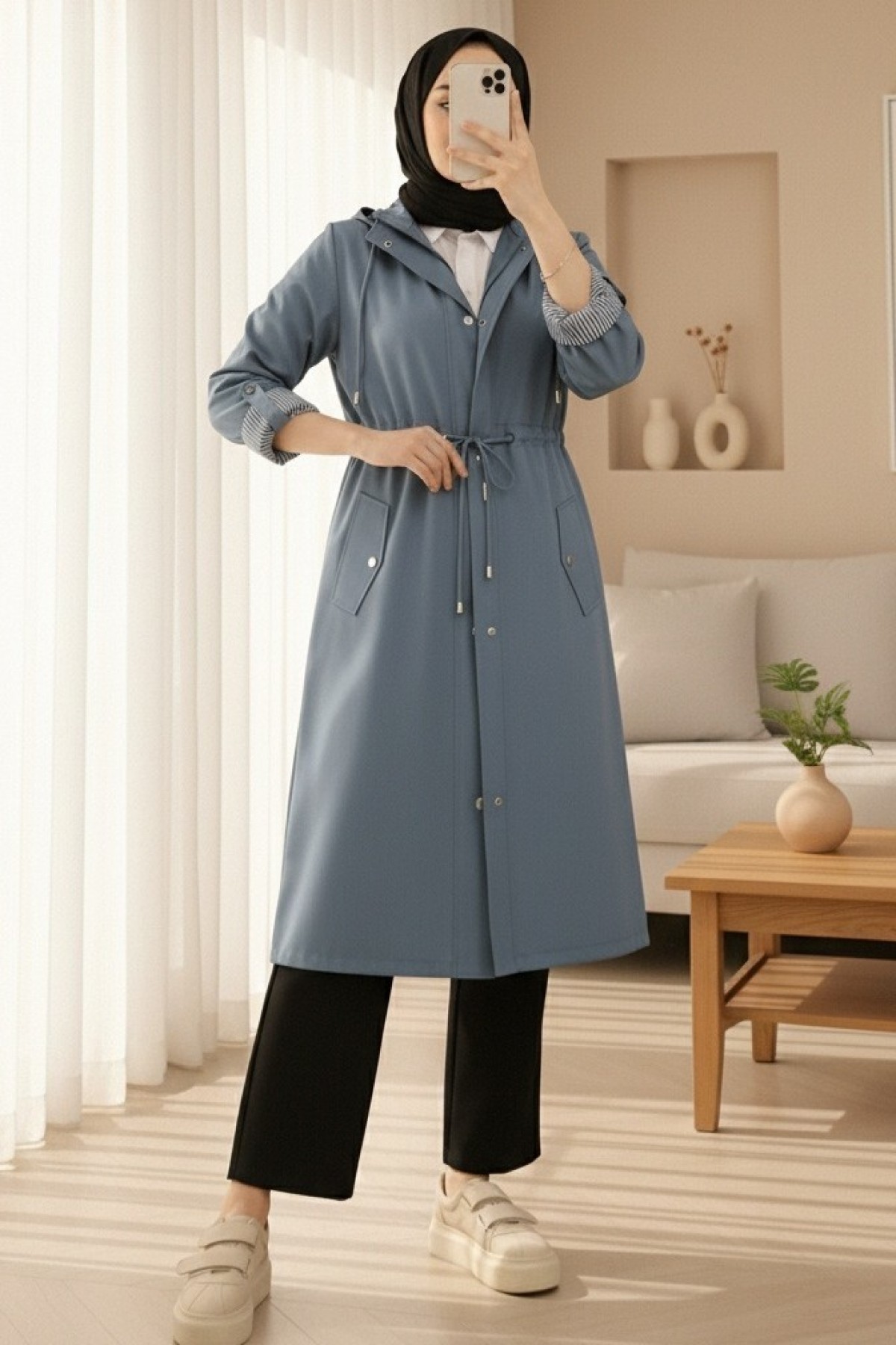 Striped Trench Coat     -İndigo