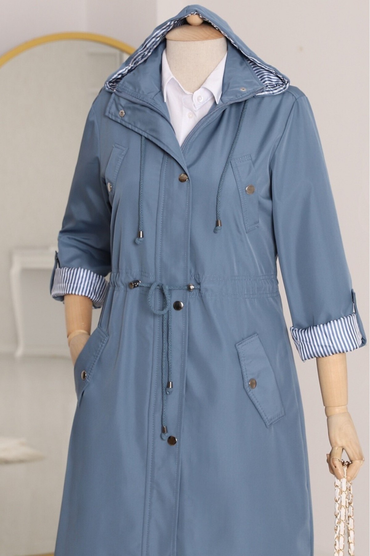 Striped Trench Coat     -İndigo