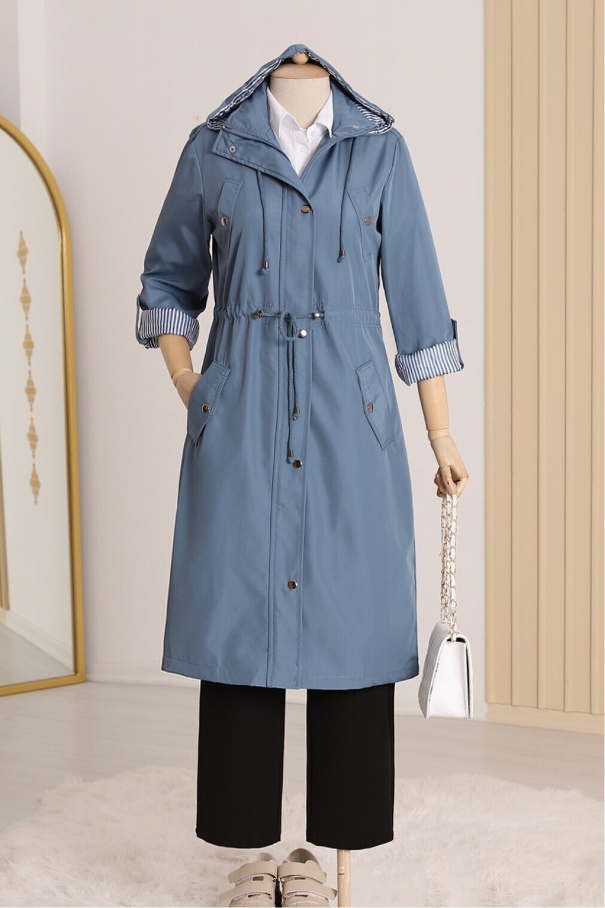 Striped Trench Coat     -İndigo