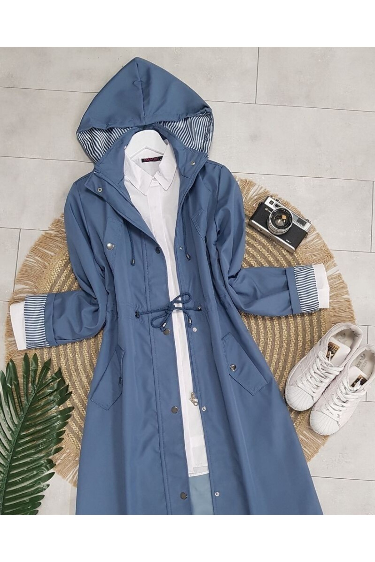 Striped Trench Coat     -İndigo