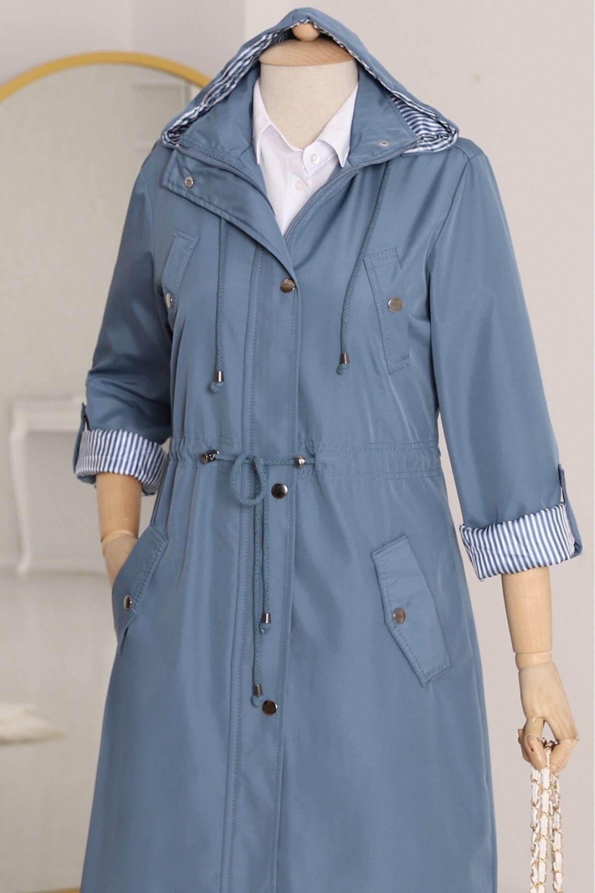 Striped Trench Coat     -İndigo