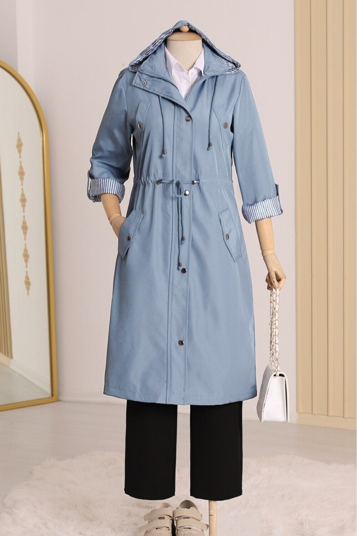 Striped Trench Coat    -Blue
