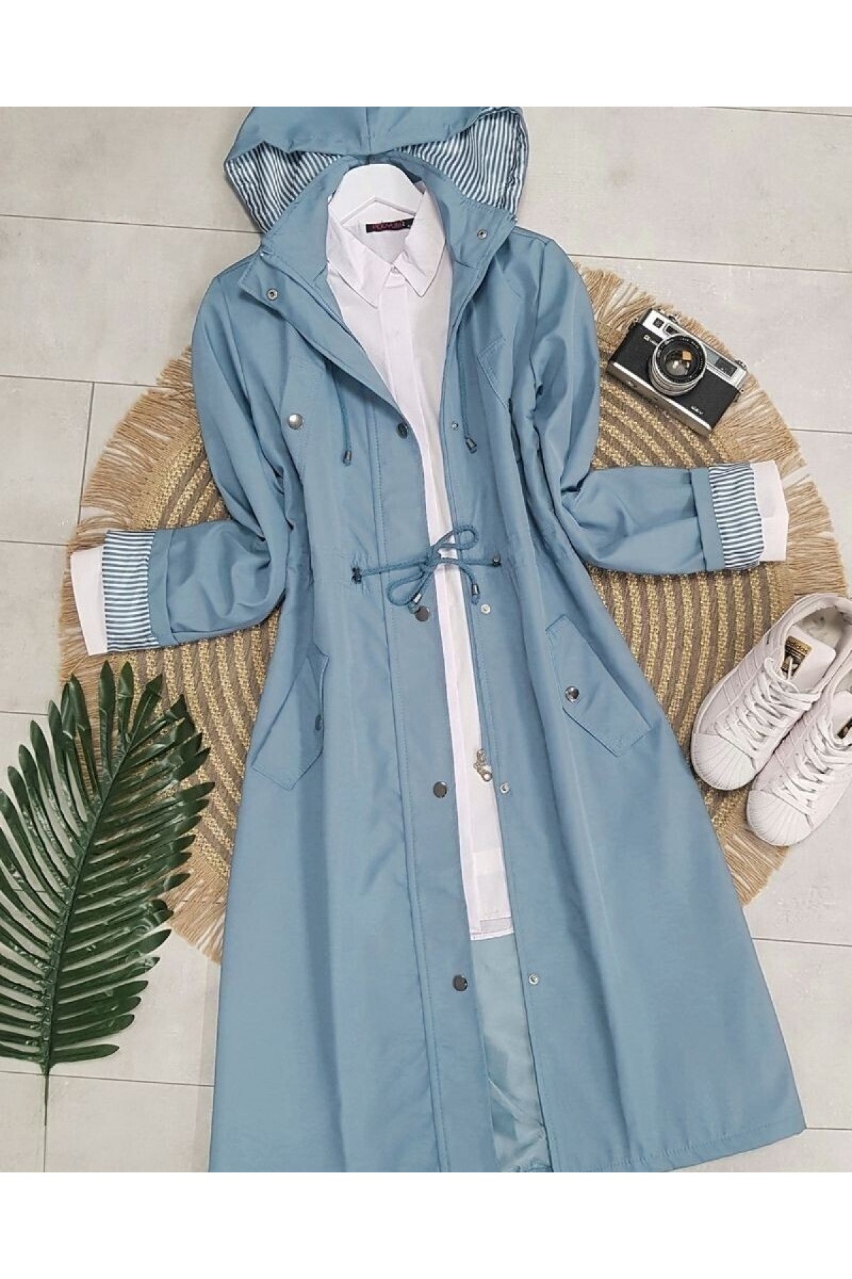 Striped Trench Coat    -Blue