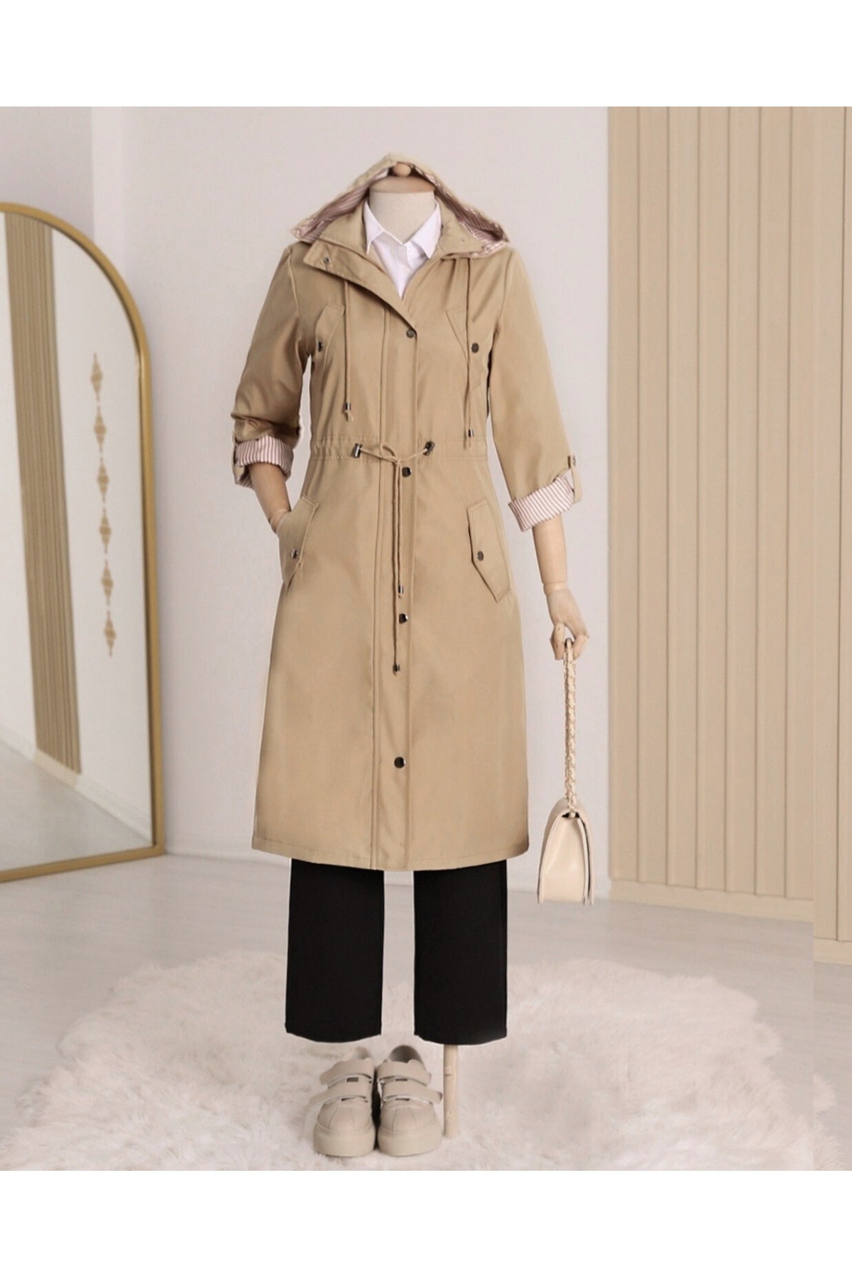 Striped Trench Coat      -Light Mink