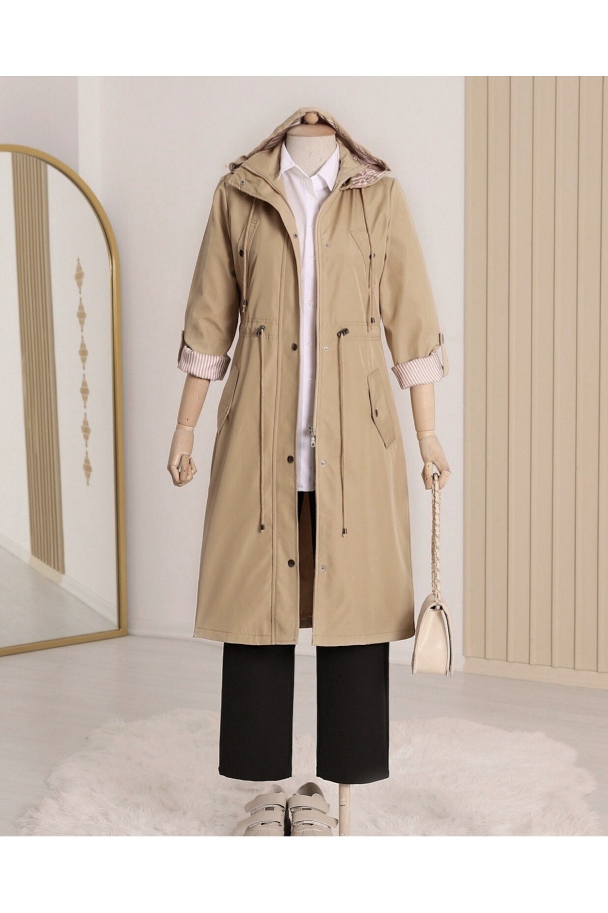 Striped Trench Coat      -Light Mink
