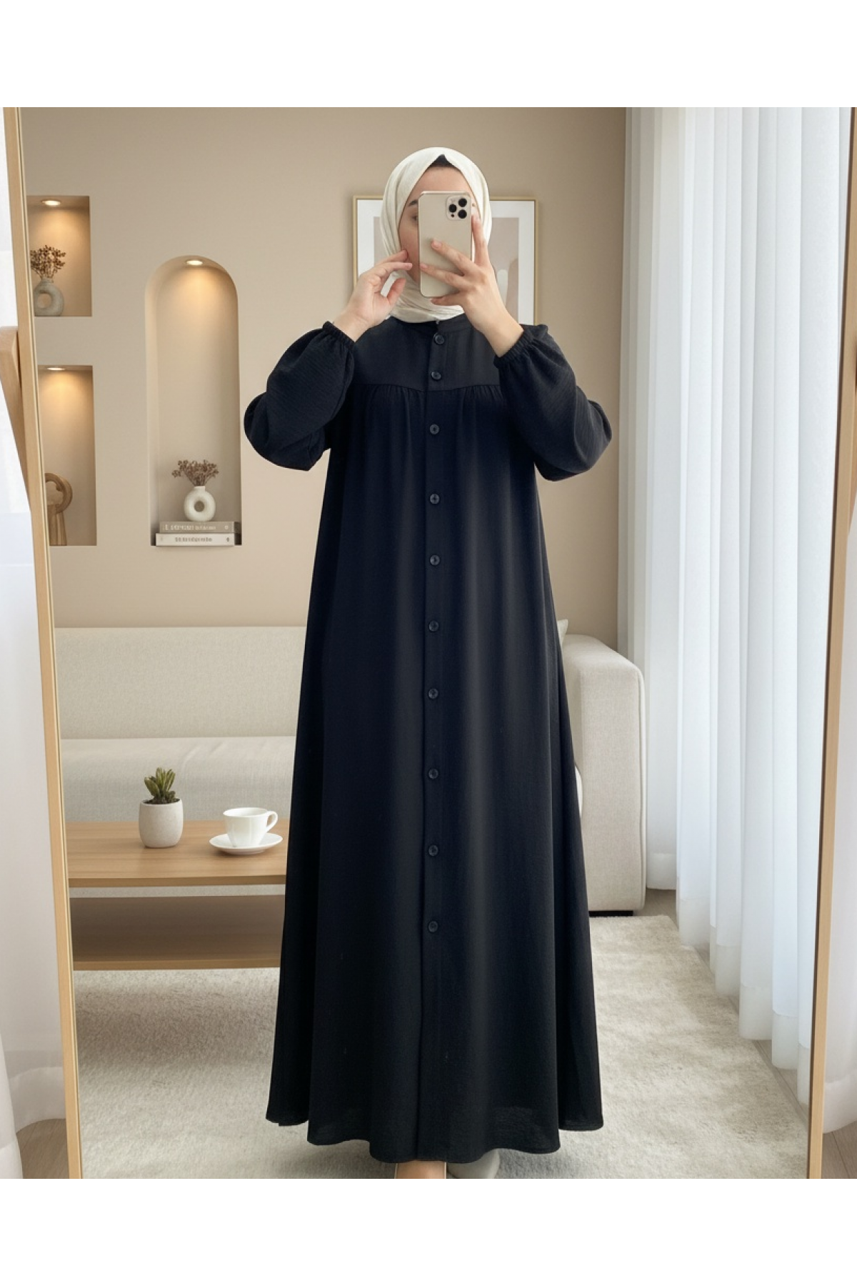 Judge Collar All-Down Buttoned Crepe Tunic -Black