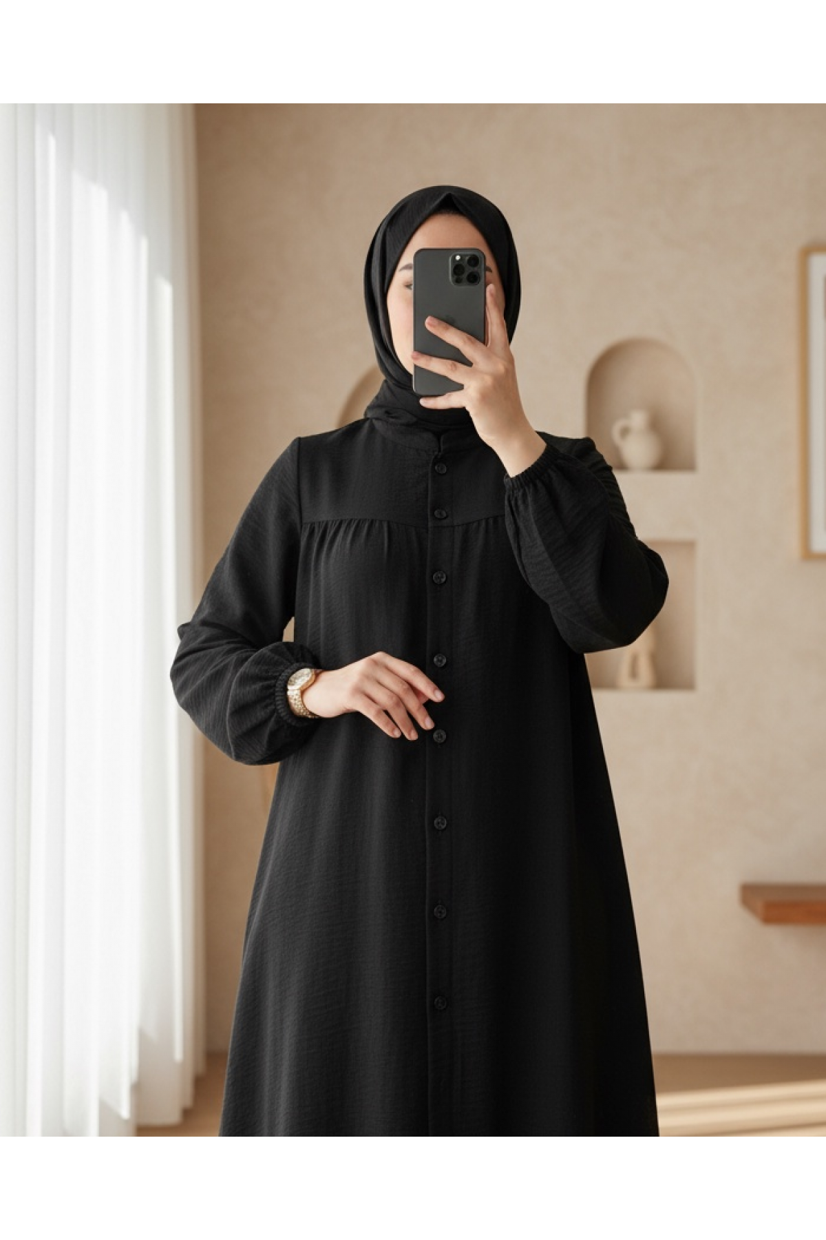 Judge Collar All-Down Buttoned Crepe Tunic -Black