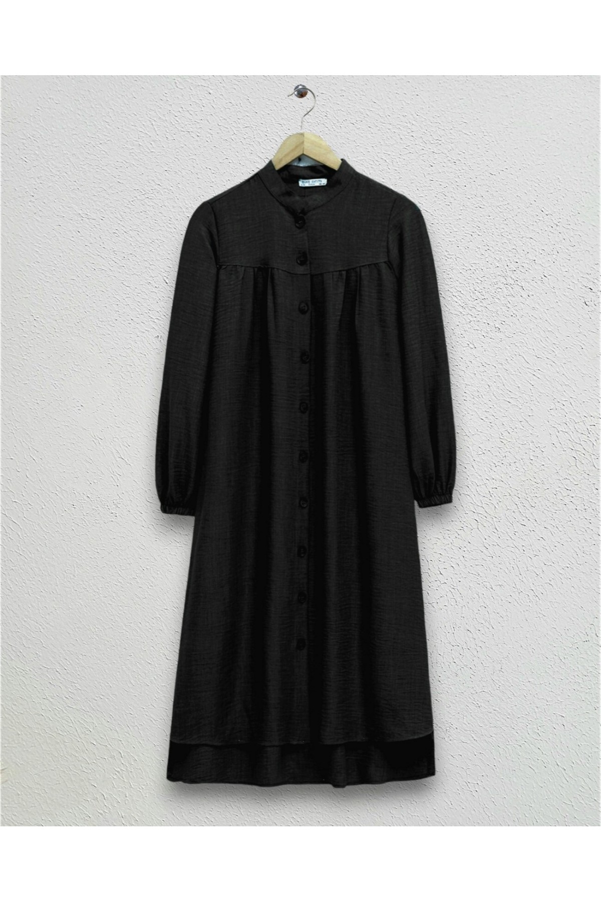 Judge Collar All-Down Buttoned Crepe Tunic -Black
