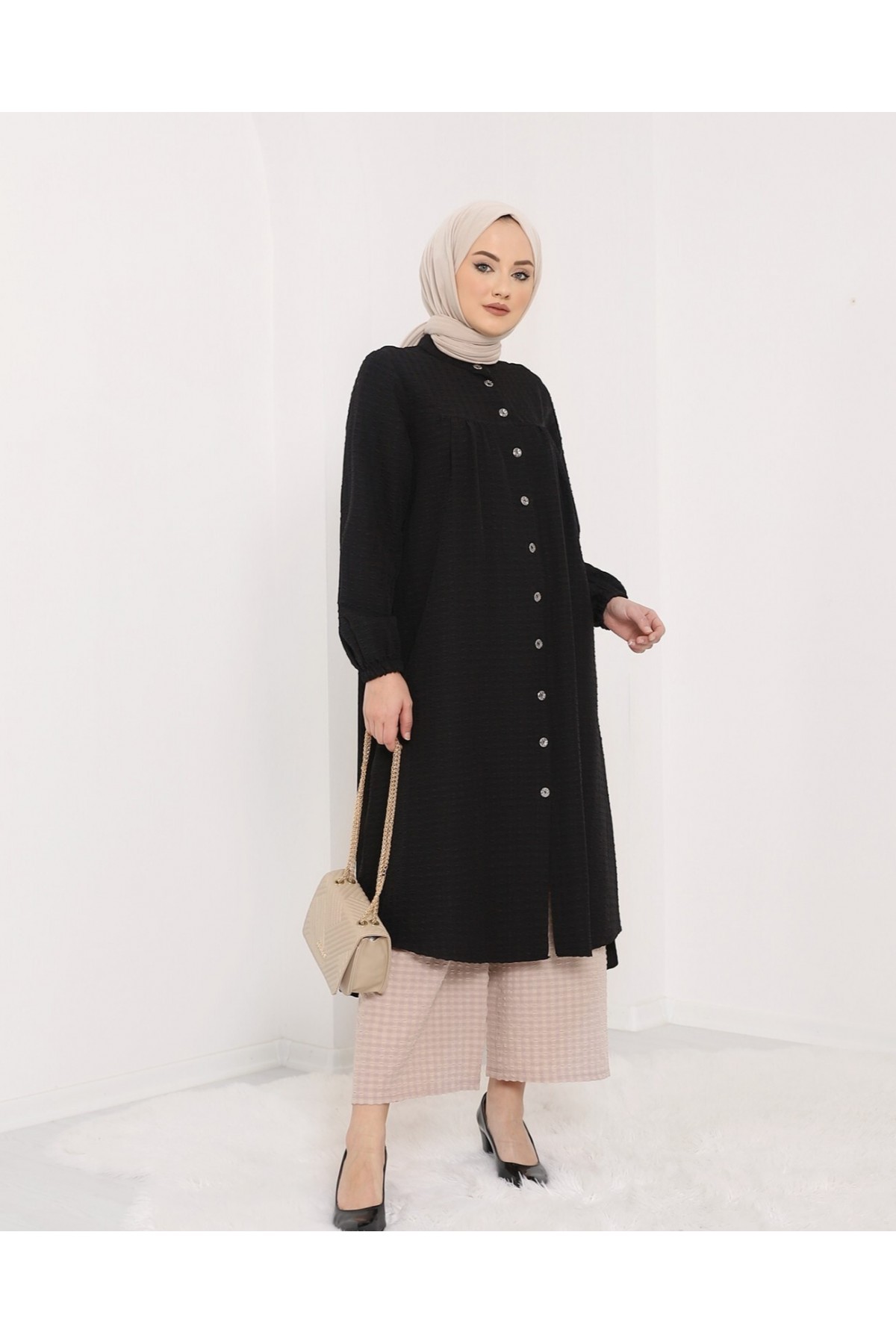 Judge Collar All-Down Buttoned Crepe Tunic -Black