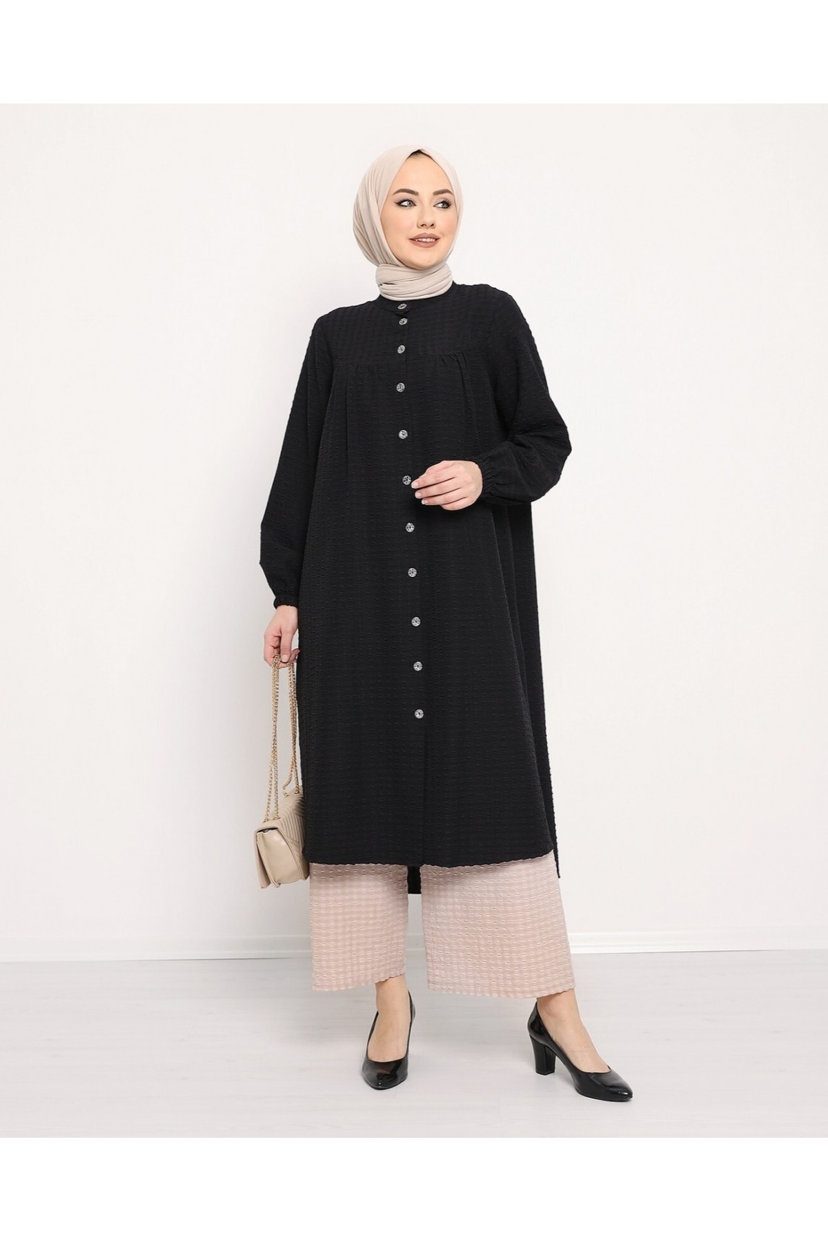 Judge Collar All-Down Buttoned Crepe Tunic -Black