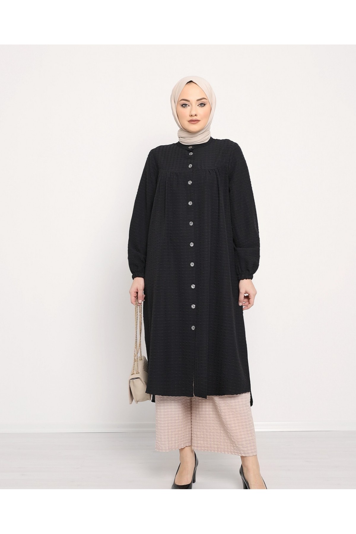 Judge Collar All-Down Buttoned Crepe Tunic -Black