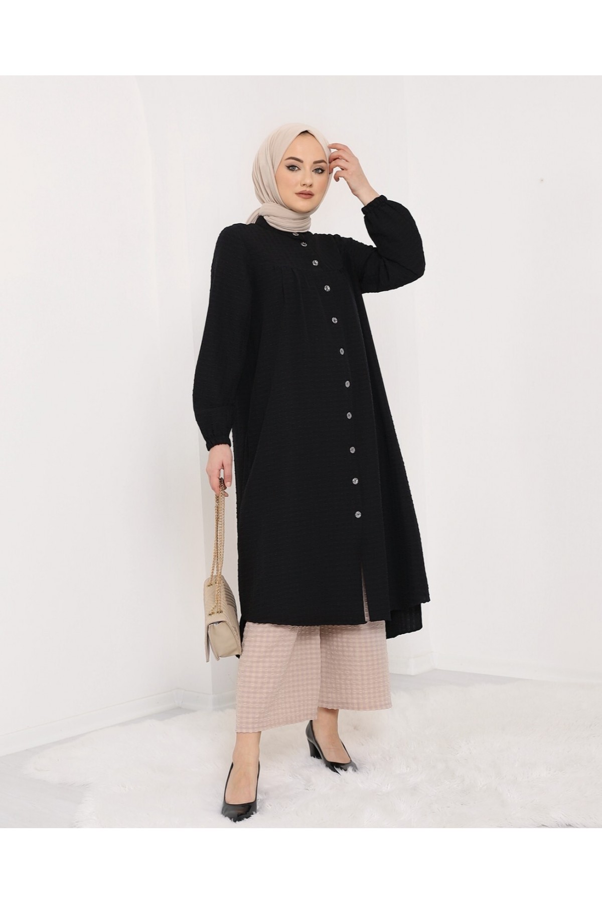 Judge Collar All-Down Buttoned Crepe Tunic -Black