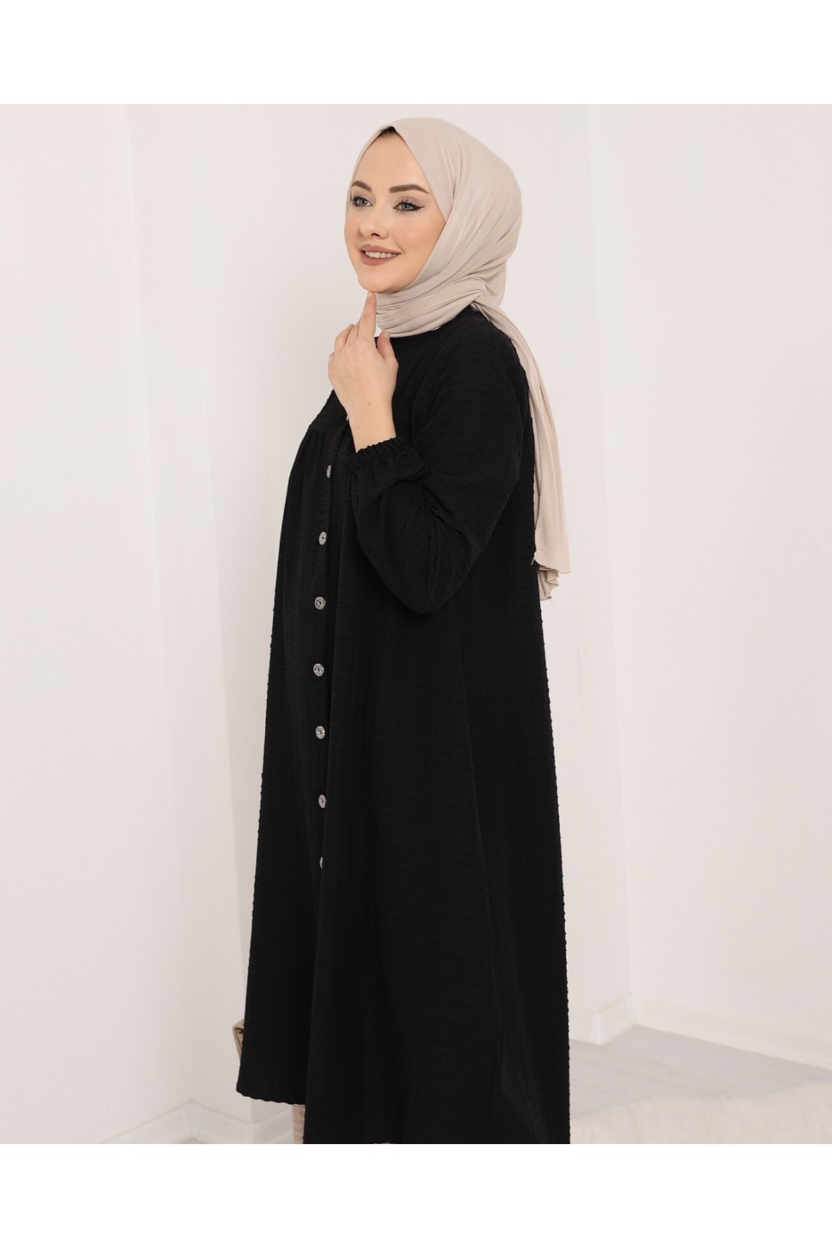Judge Collar All-Down Buttoned Crepe Tunic -Black