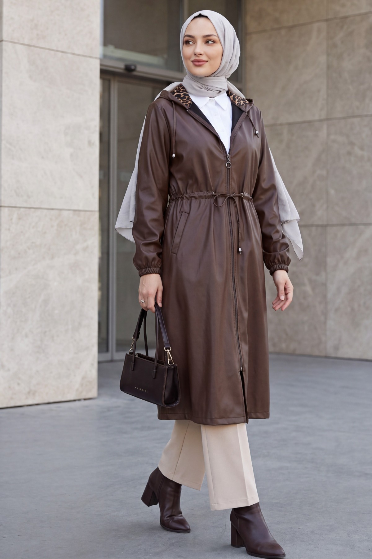 Long Leather Jacket with Tunnel Waist Drawstring, Hood, and Pockets -Brown