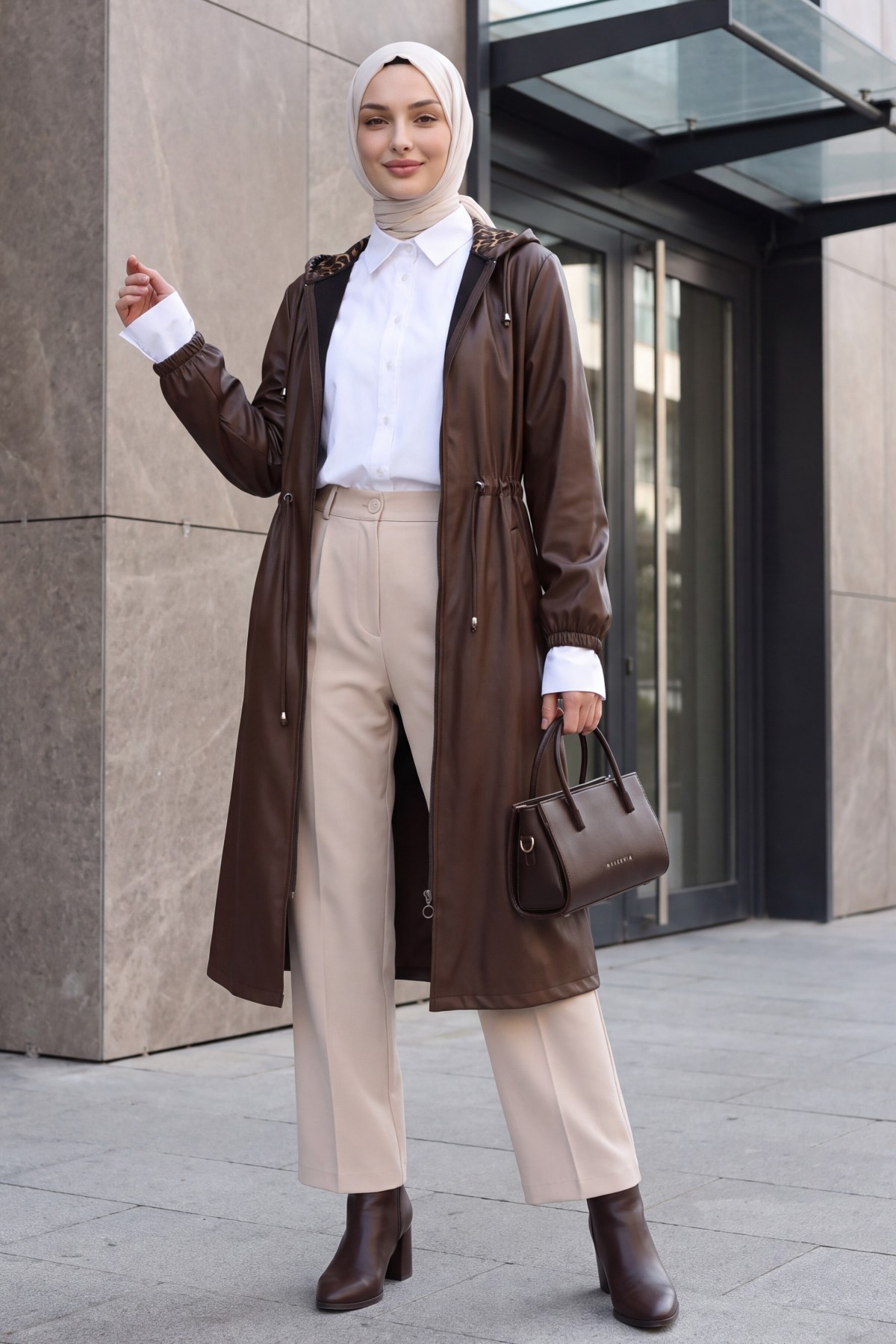 Long Leather Jacket with Tunnel Waist Drawstring, Hood, and Pockets -Brown