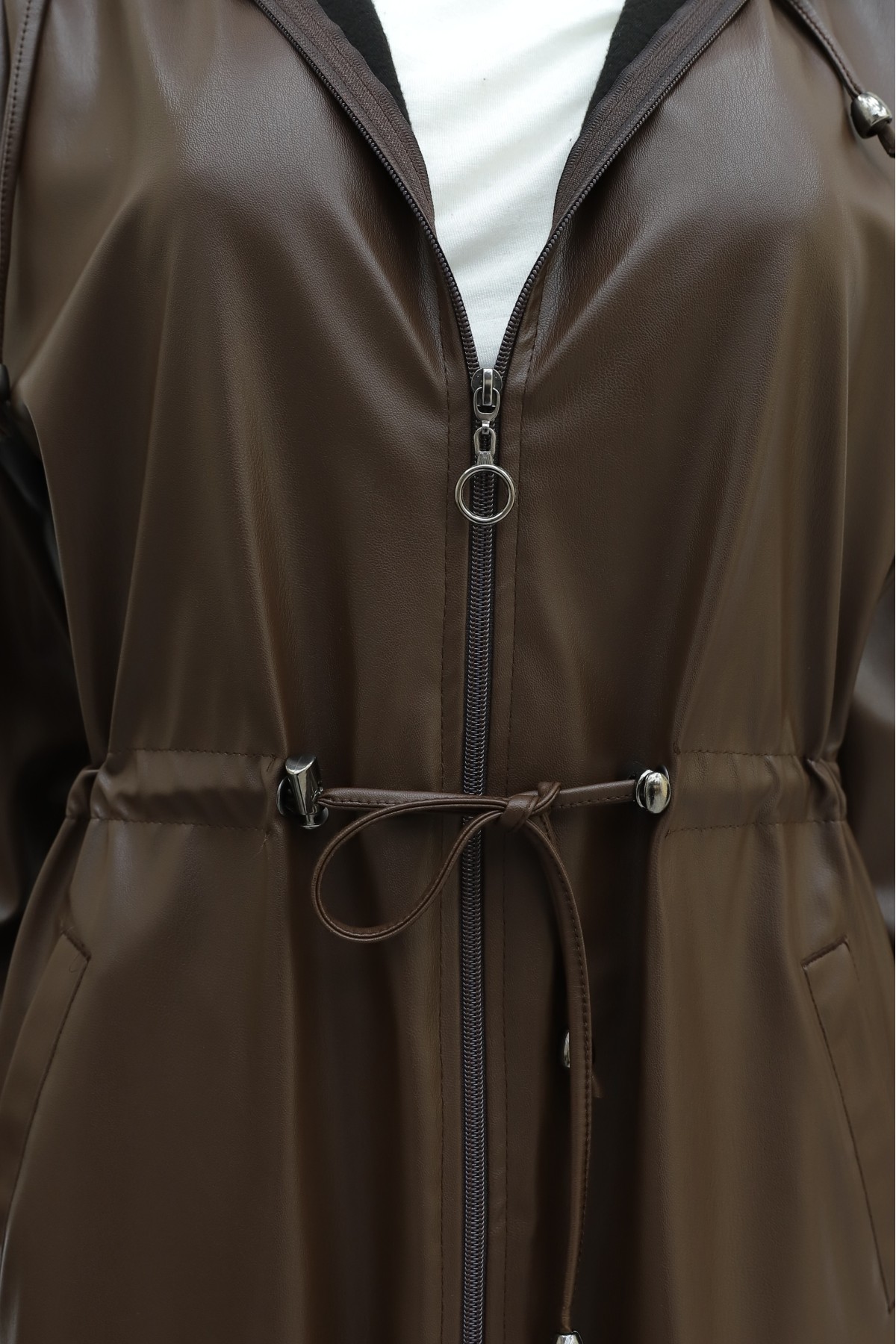 Long Leather Jacket with Tunnel Waist Drawstring, Hood, and Pockets -Brown