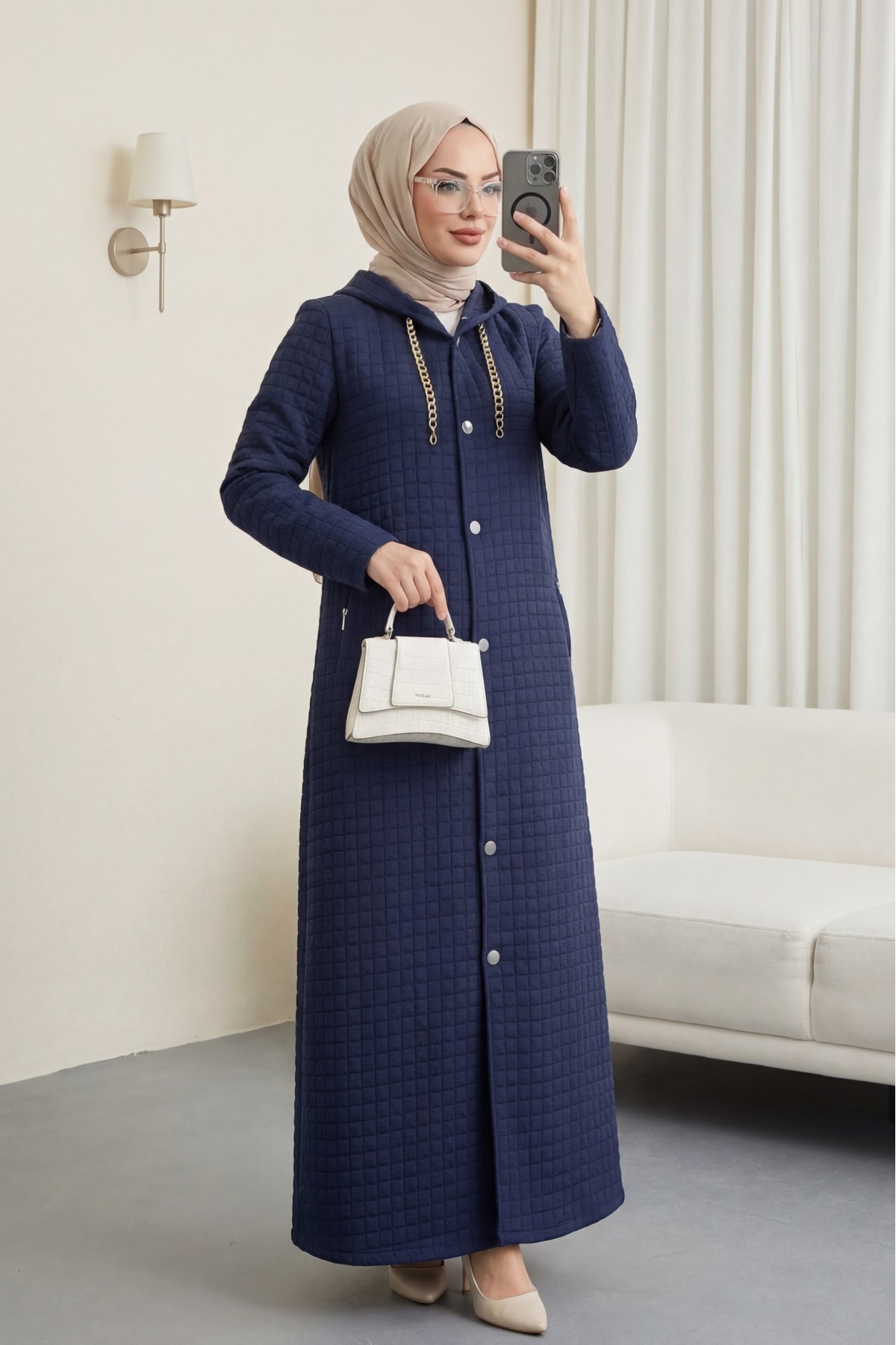 Long Quilted Coat with Chain Detail on Collar  -Navy blue