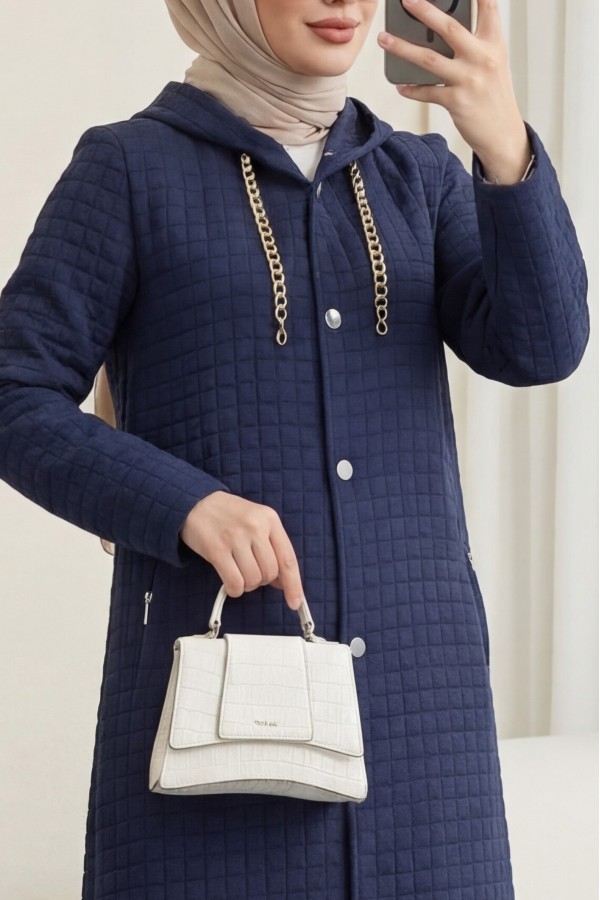 Long Quilted Coat with Chain Detail on Collar  -Navy blue
