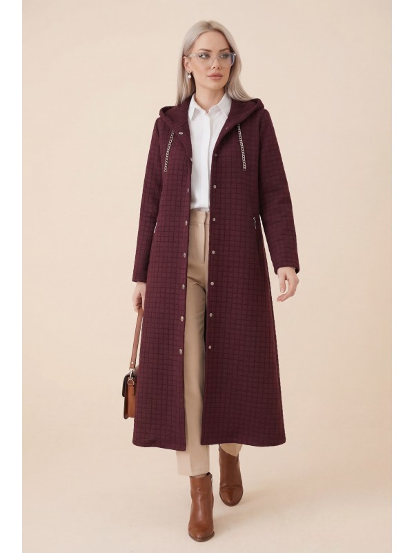 Yakası Zincir Detaylı Uzun Kapitone Kaban    -Bordo