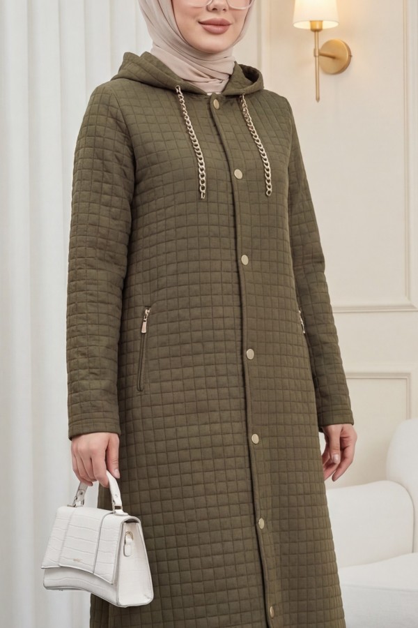 Long Quilted Coat with Chain Detail on Collar  -Khaki