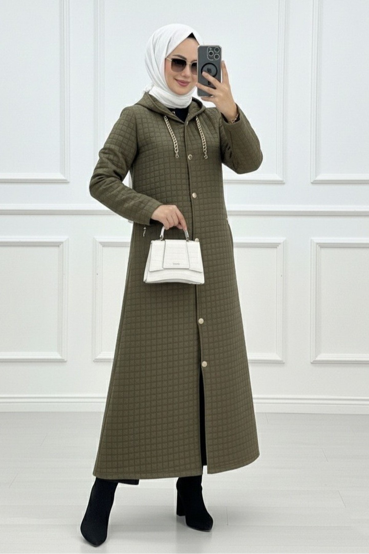 Long Quilted Coat with Chain Detail on Collar  -Khaki