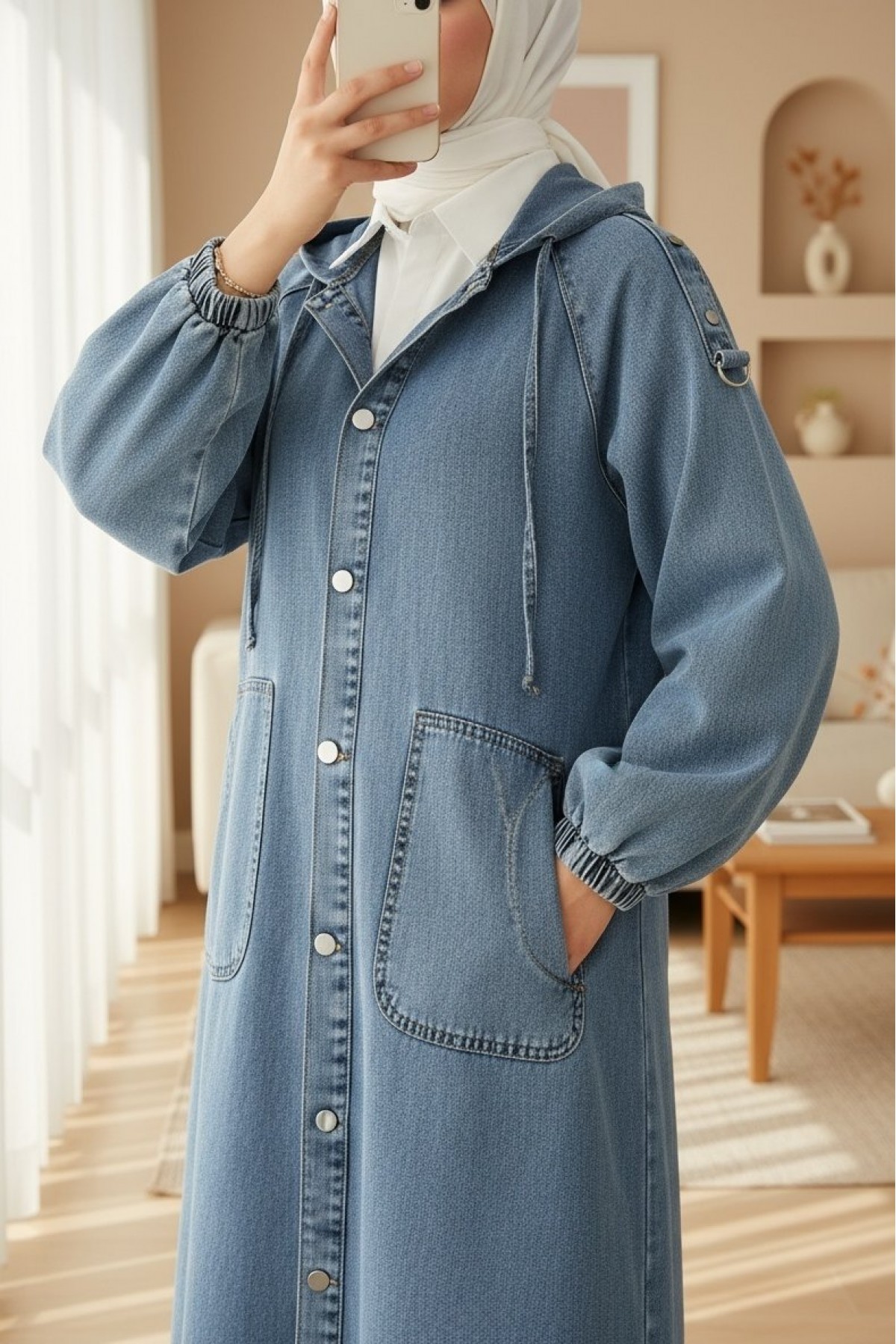 Button-Front Hooded Denim Coat with Epaulette Detail and Pockets -Ice Blue