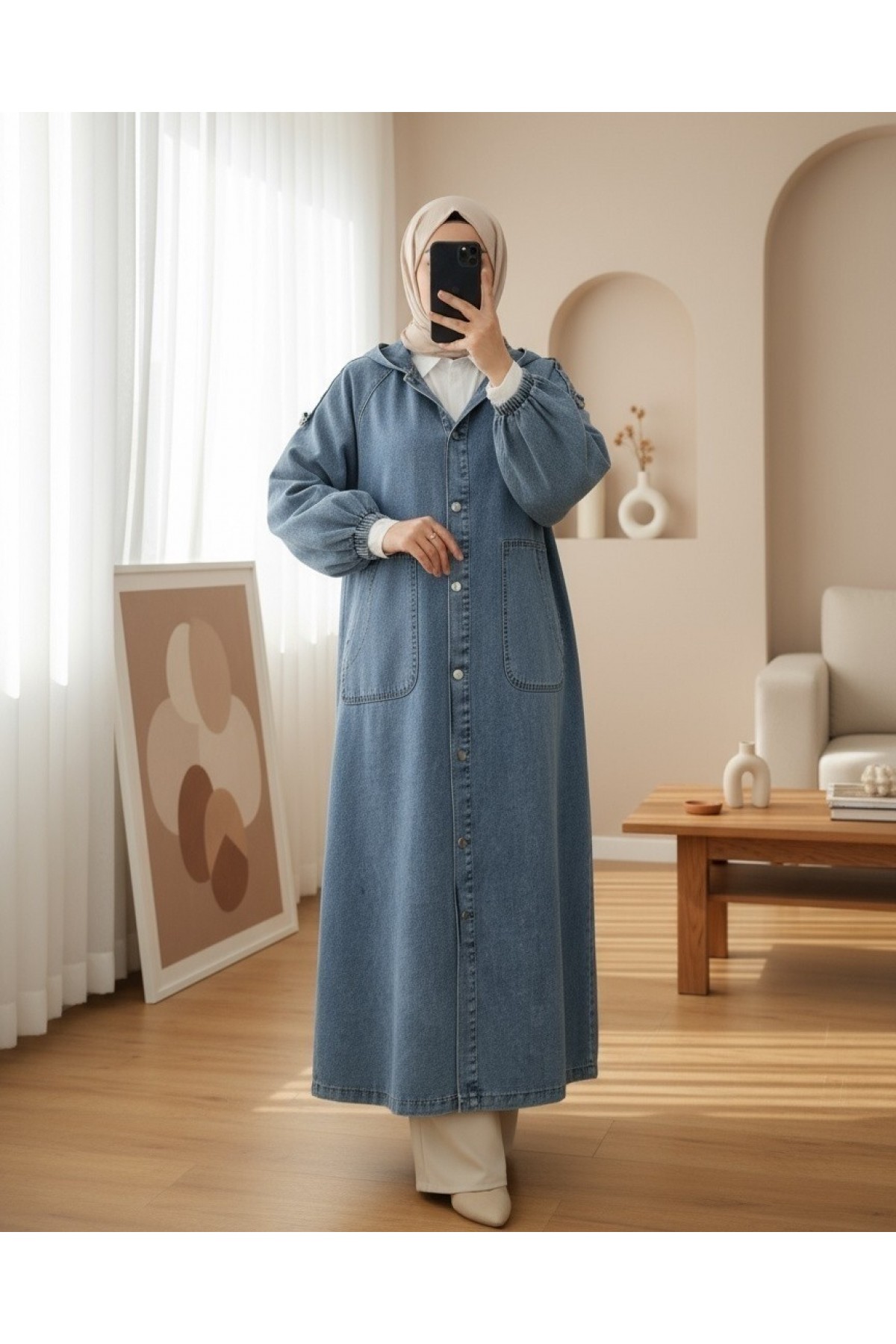 Button-Front Hooded Denim Coat with Epaulette Detail and Pockets -Ice Blue