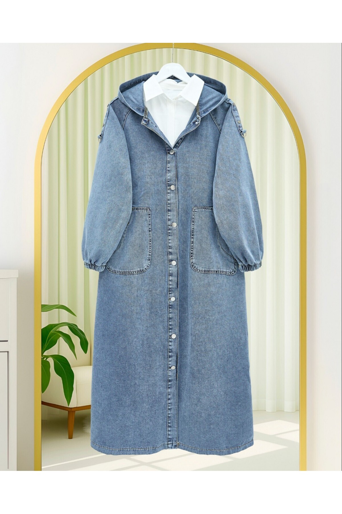 Button-Front Hooded Denim Coat with Epaulette Detail and Pockets -Ice Blue