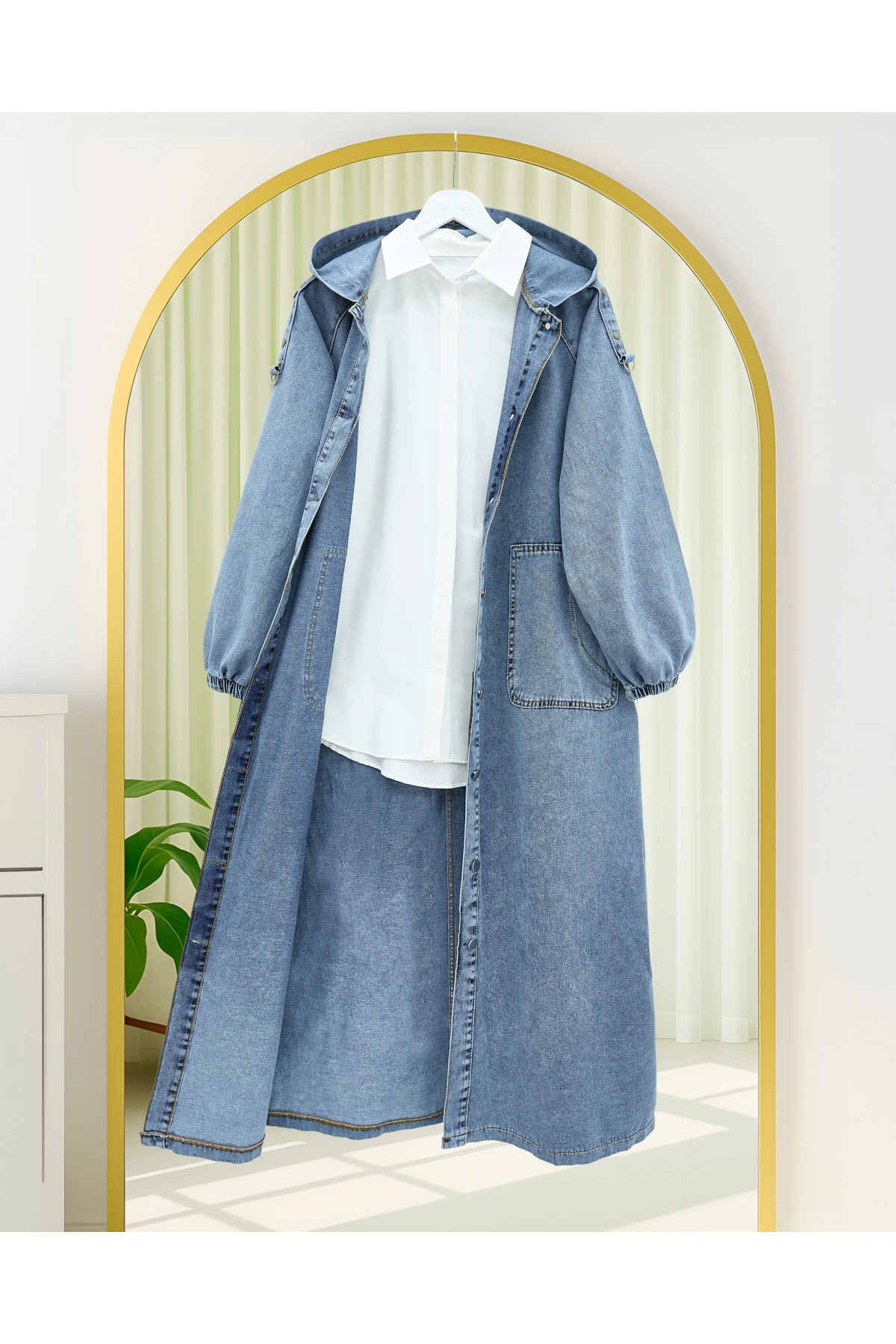 Button-Front Hooded Denim Coat with Epaulette Detail and Pockets -Ice Blue