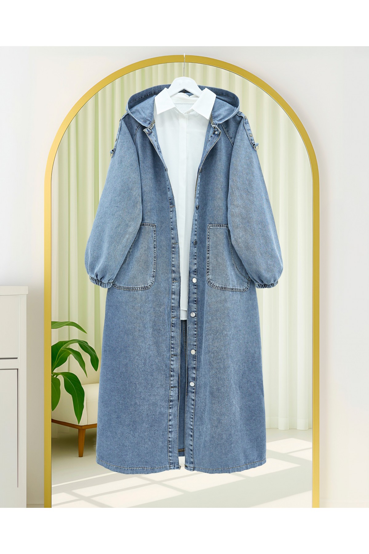 Button-Front Hooded Denim Coat with Epaulette Detail and Pockets -Ice Blue