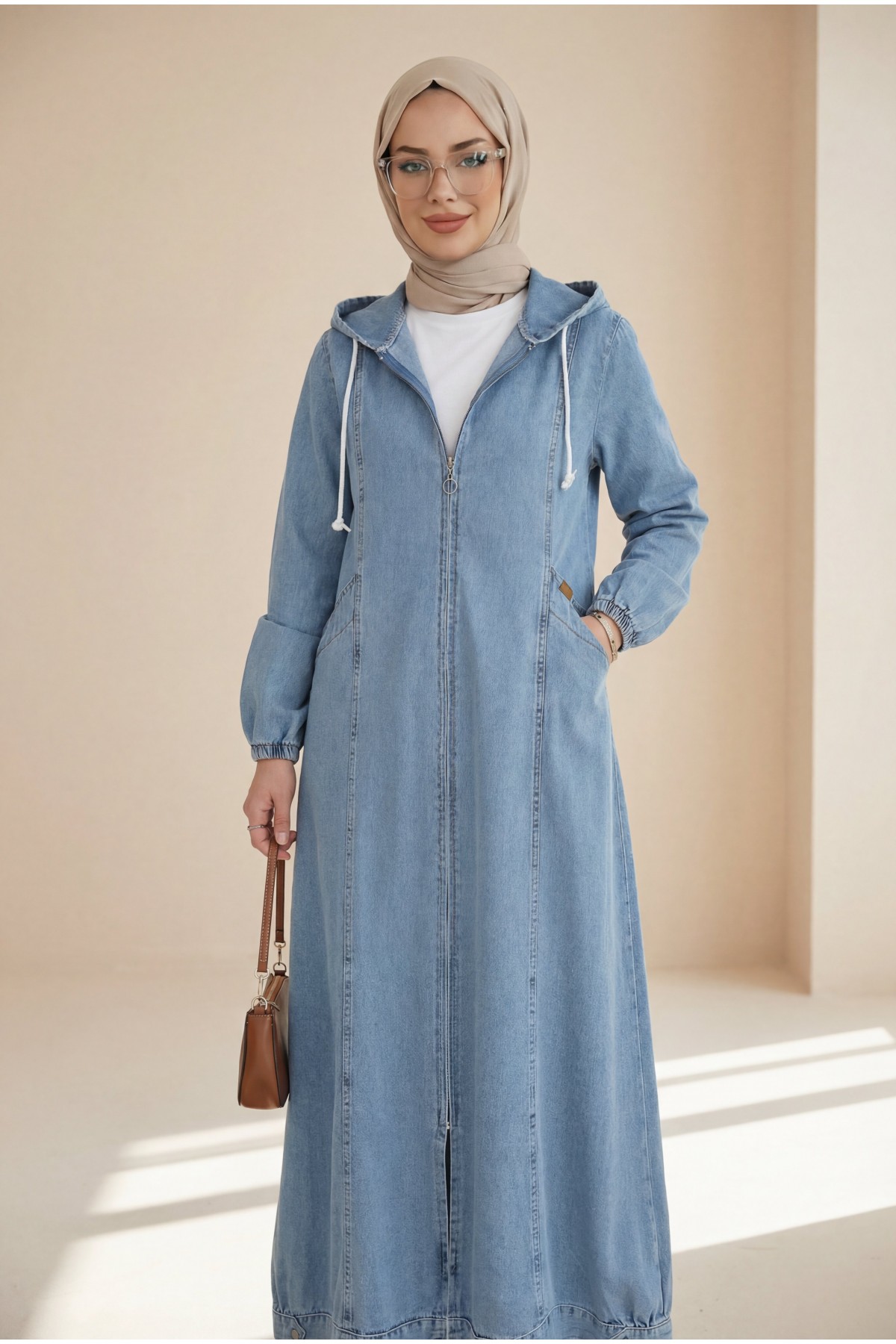 Full-Zip Hooded Denim Jacket with Elasticated Cuffs and Pockets -Light blue