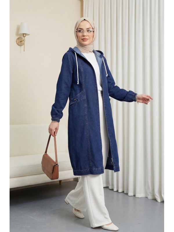 جاكيت جينز بغطاء رأس وجيوب وأساور مطاطية وسحاب أمامي. -كحلي