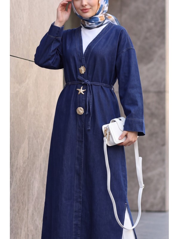 Büyük Broş Detaylı Kemerli Yırtmaçlı Uzun Kot Kimono -Lacivert