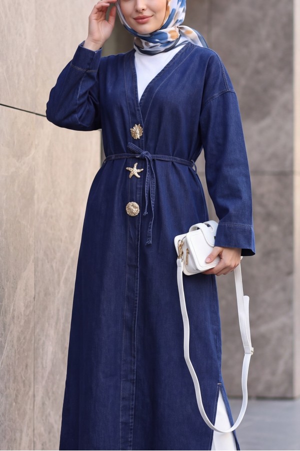 Long Denim Kimono with Large Brooch Detail, Belt, and Slit -Navy blue
