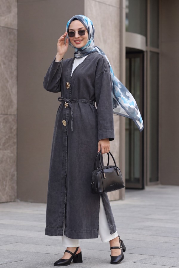 Long Denim Kimono with Large Brooch Detail, Belt, and Slit -Smoked 
