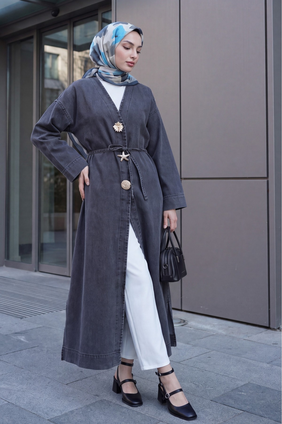 Long Denim Kimono with Large Brooch Detail, Belt, and Slit -Smoked 