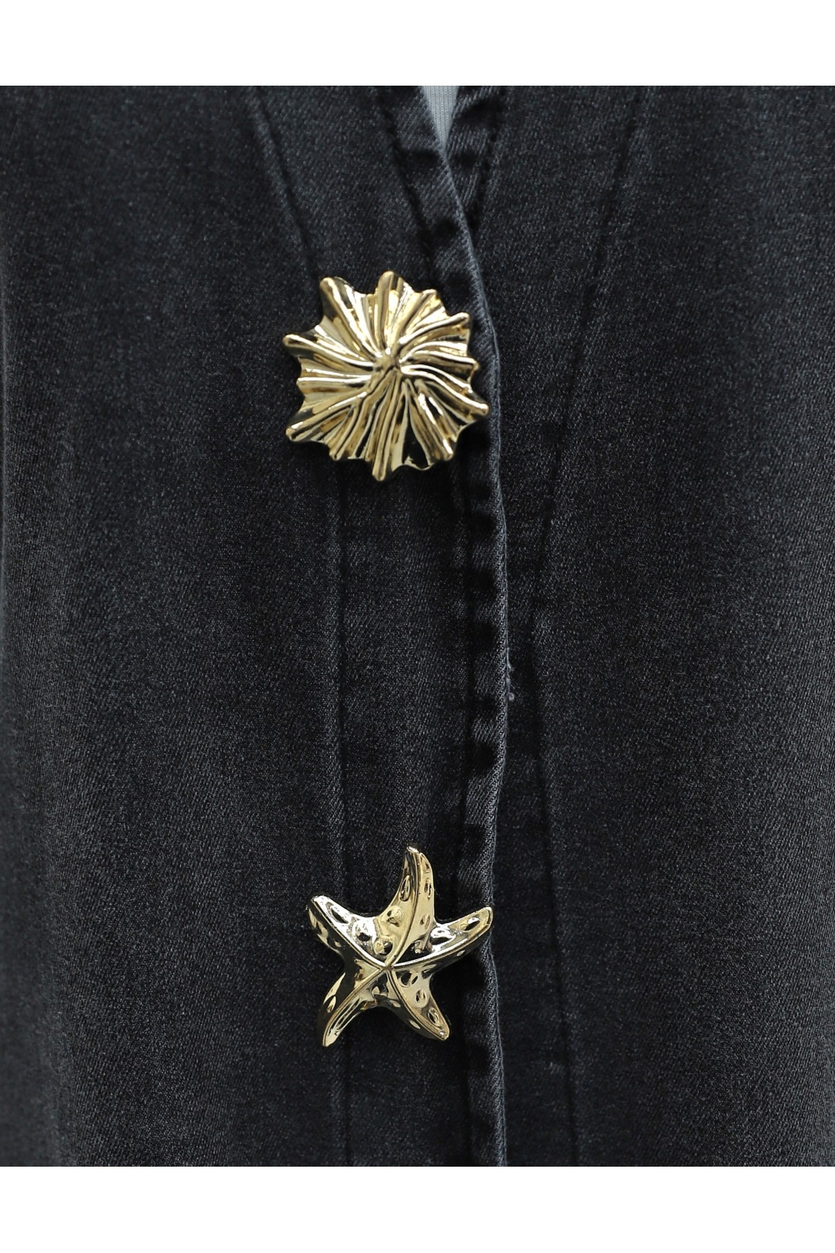 Long Denim Kimono with Large Brooch Detail, Belt, and Slit -Smoked 