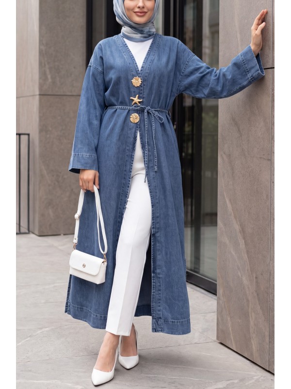 Long Denim Kimono with Large Brooch Detail, Belt, and Slit -Ice Blue