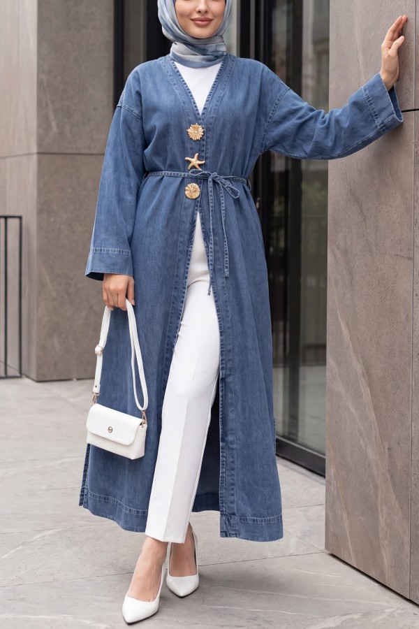 Long Denim Kimono with Large Brooch Detail, Belt, and Slit -Ice Blue