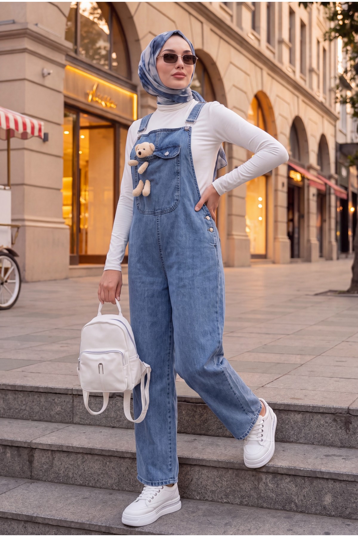 Teddy Bear Detail Suspended Side Buttons Denim Overalls  -Ice Blue