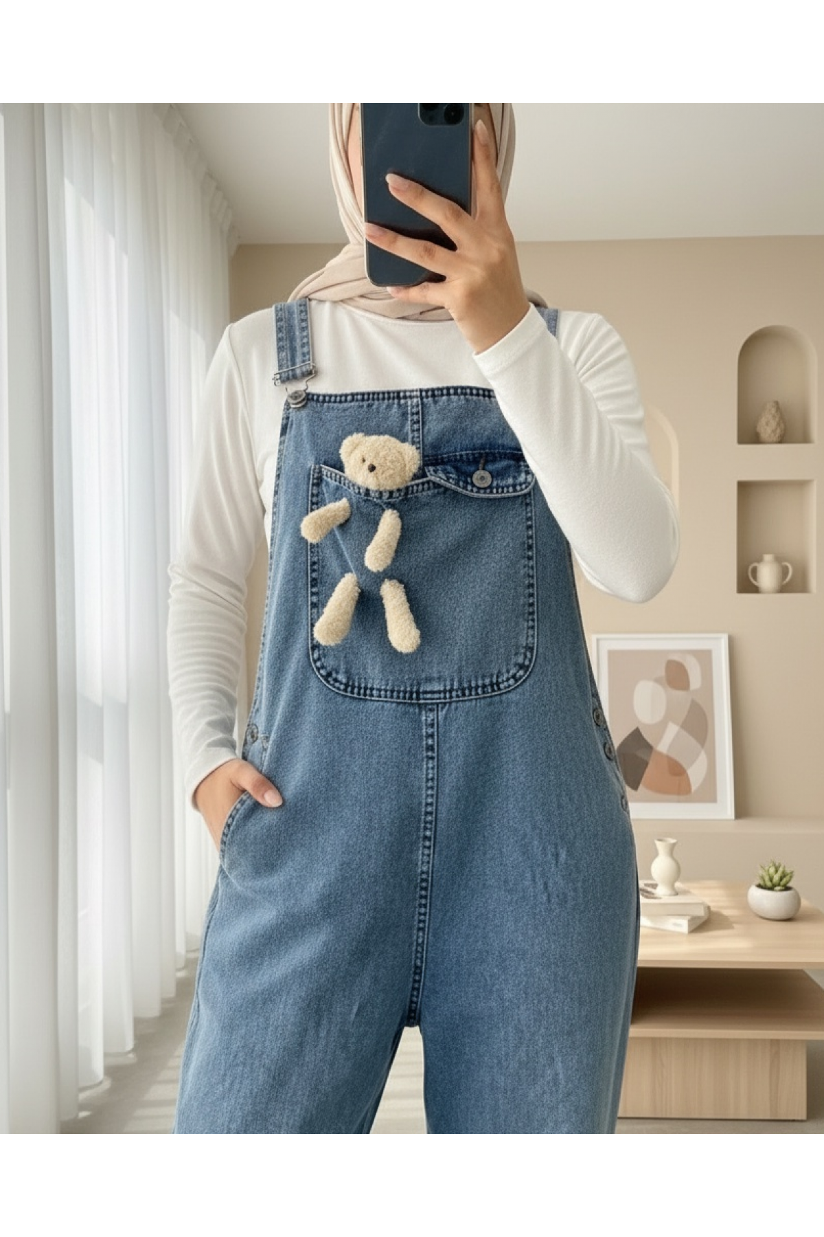 Ayıcık Detaylı Askılı Yanları Düğmeli Kot Tulum  -Buz Mavi