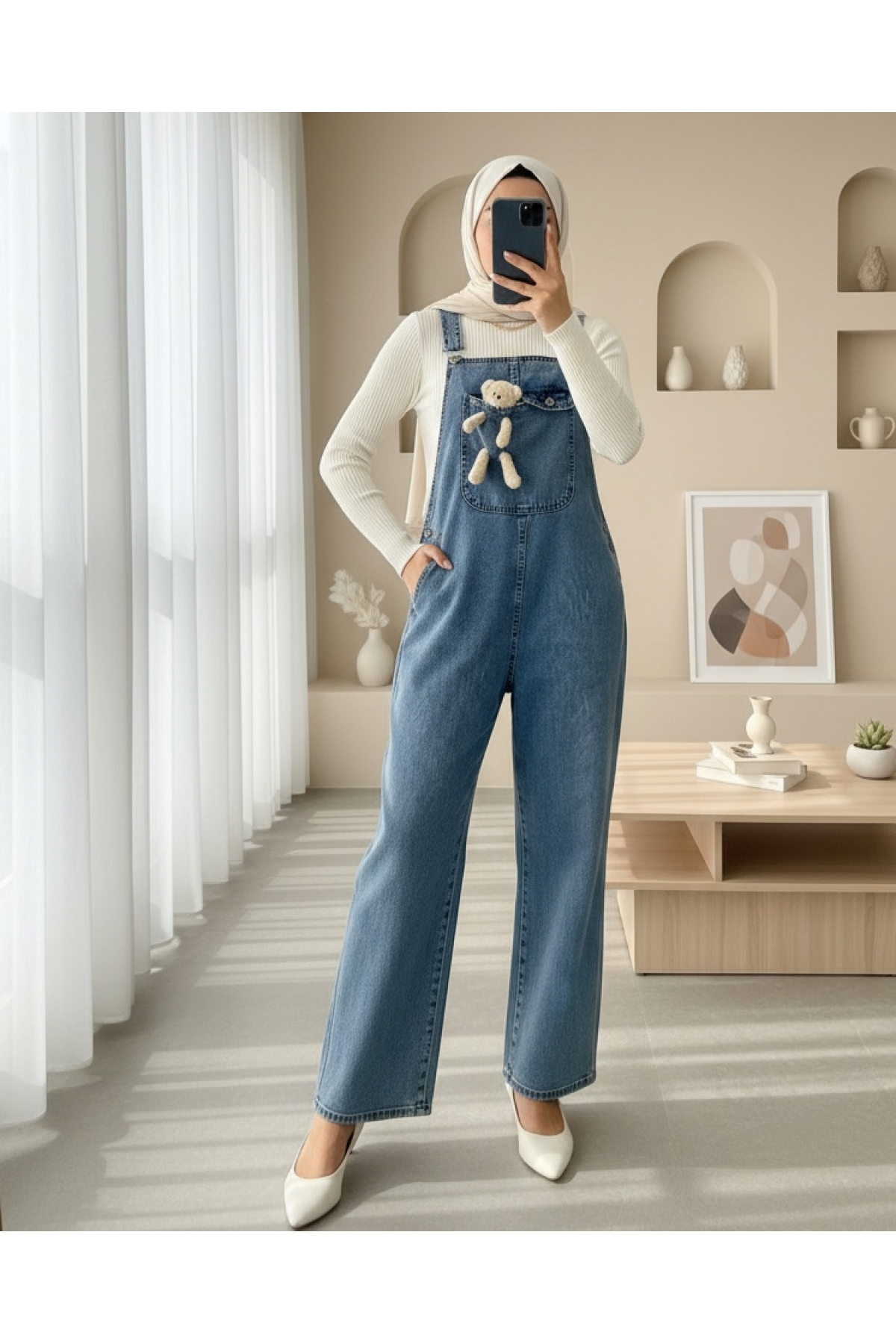 Ayıcık Detaylı Askılı Yanları Düğmeli Kot Tulum  -Buz Mavi