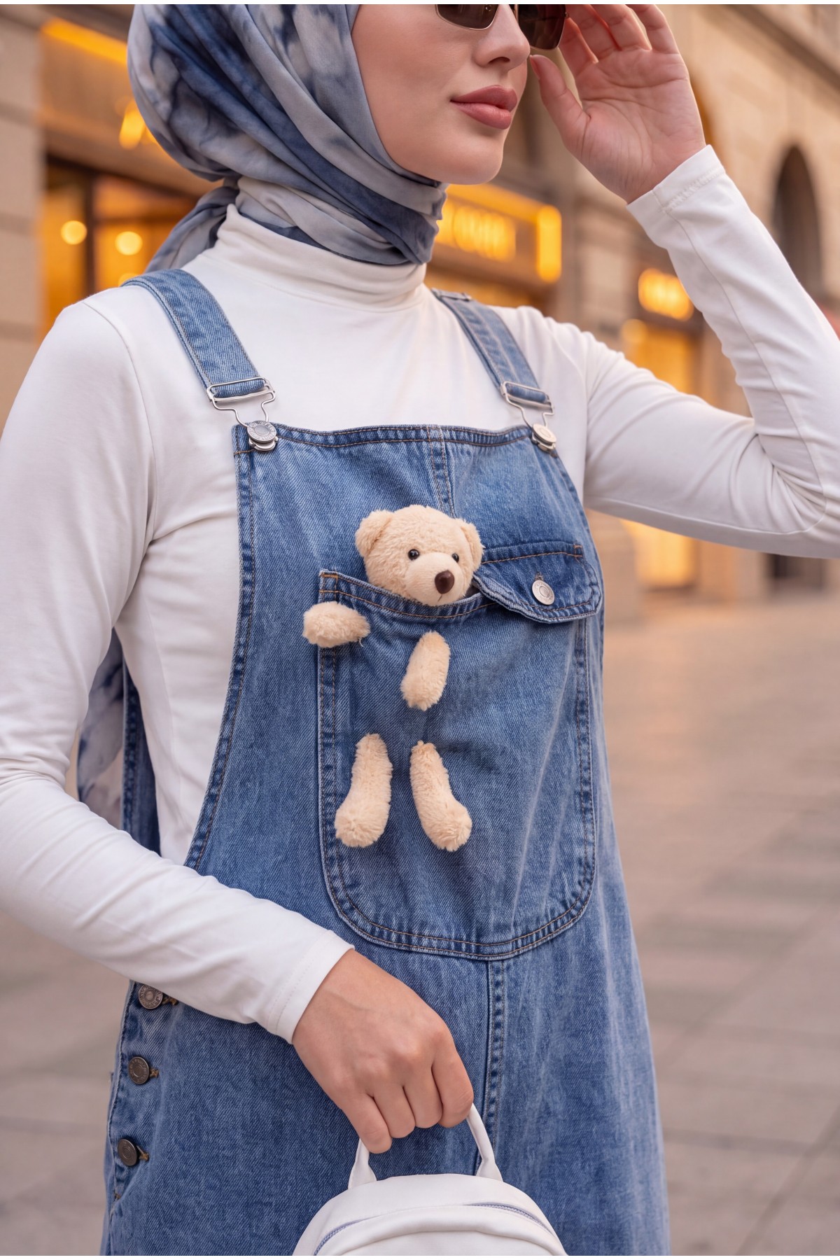 Teddy Bear Detail Suspended Side Buttons Denim Overalls  -Ice Blue