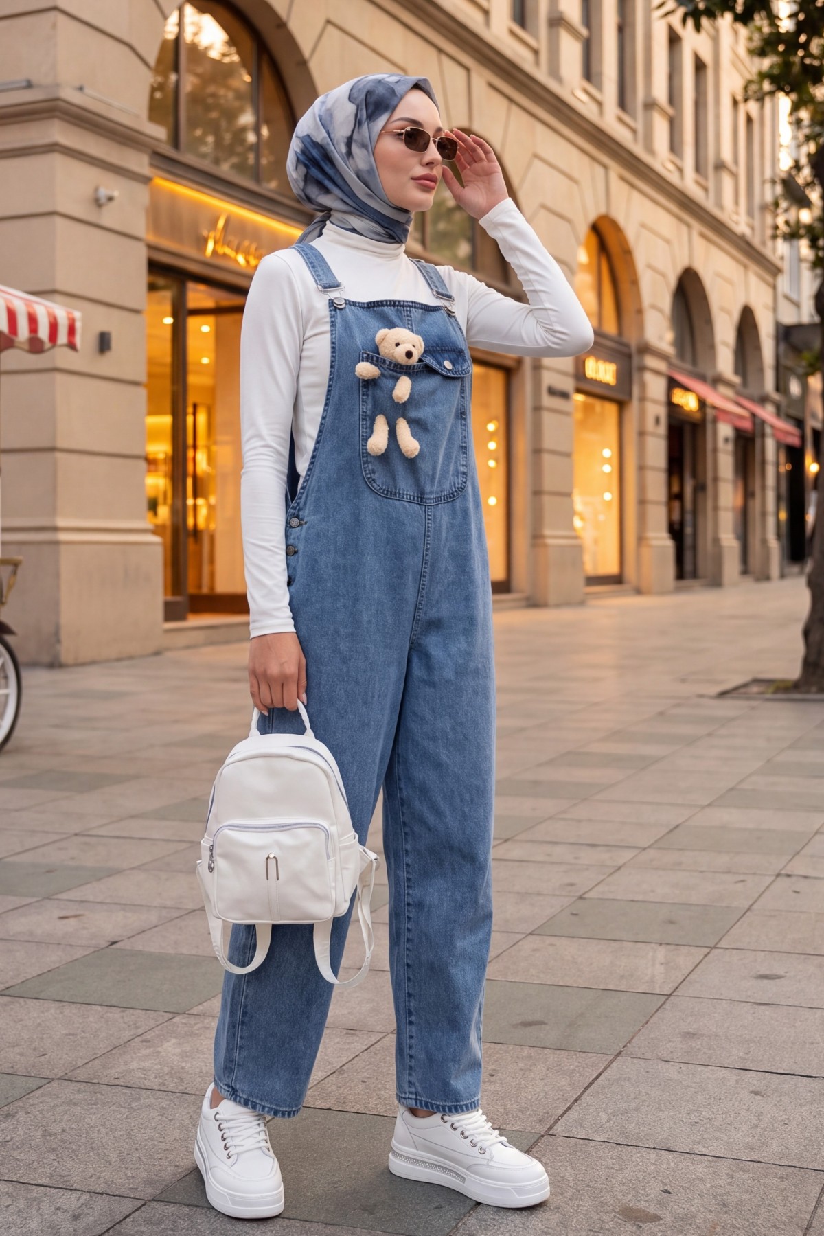 Teddy Bear Detail Suspended Side Buttons Denim Overalls  -Ice Blue
