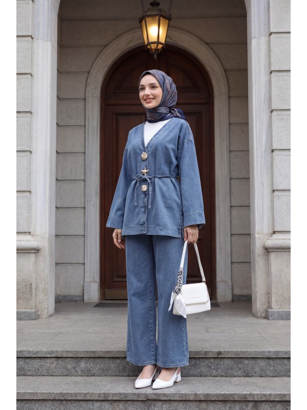 Beli Lastikli Bol Paça Pantolonlu Bağcıklı Kot Kimono Takım -Buz Mavi