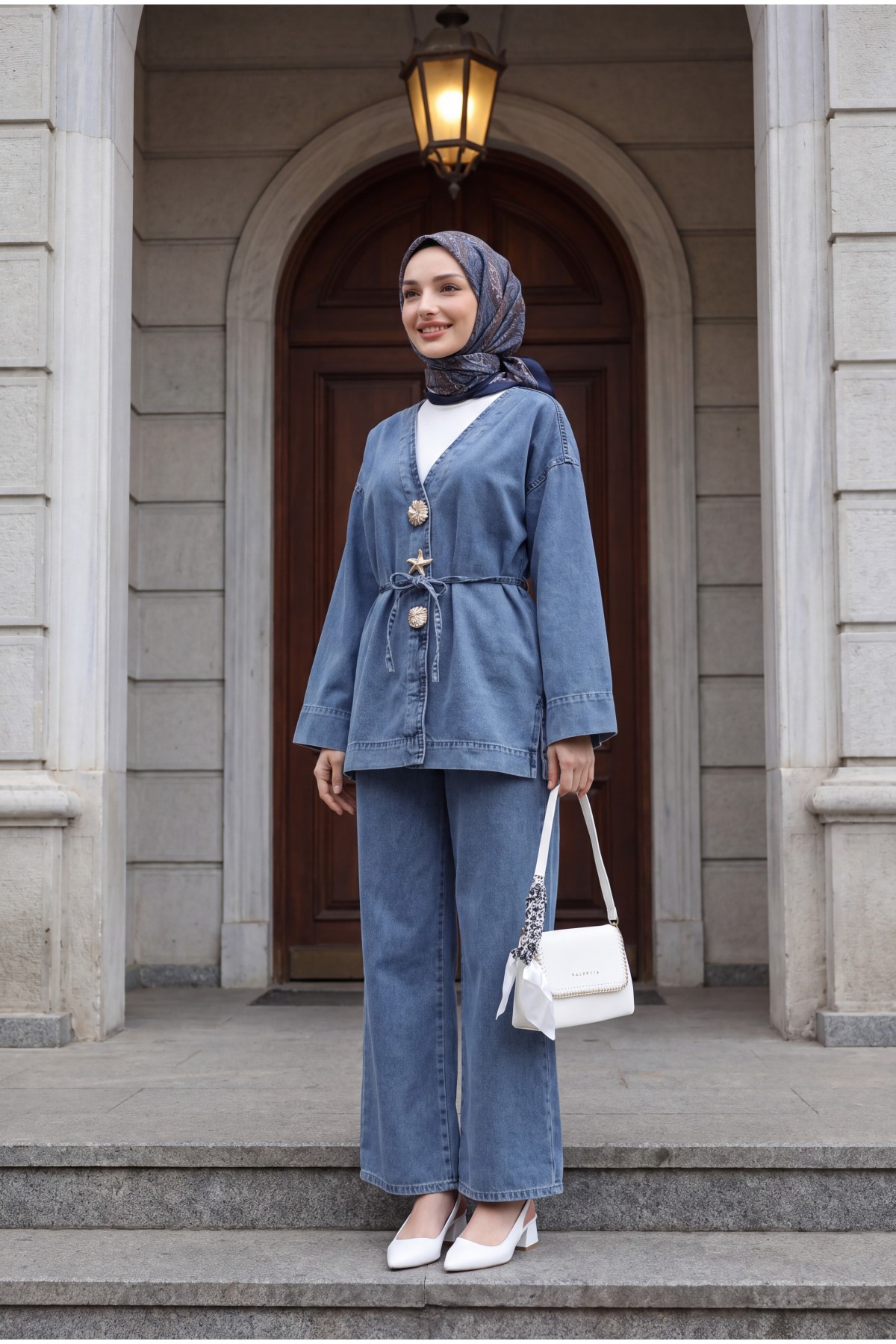 Beli Lastikli Bol Paça Pantolonlu Bağcıklı Kot Kimono Takım -Buz Mavi