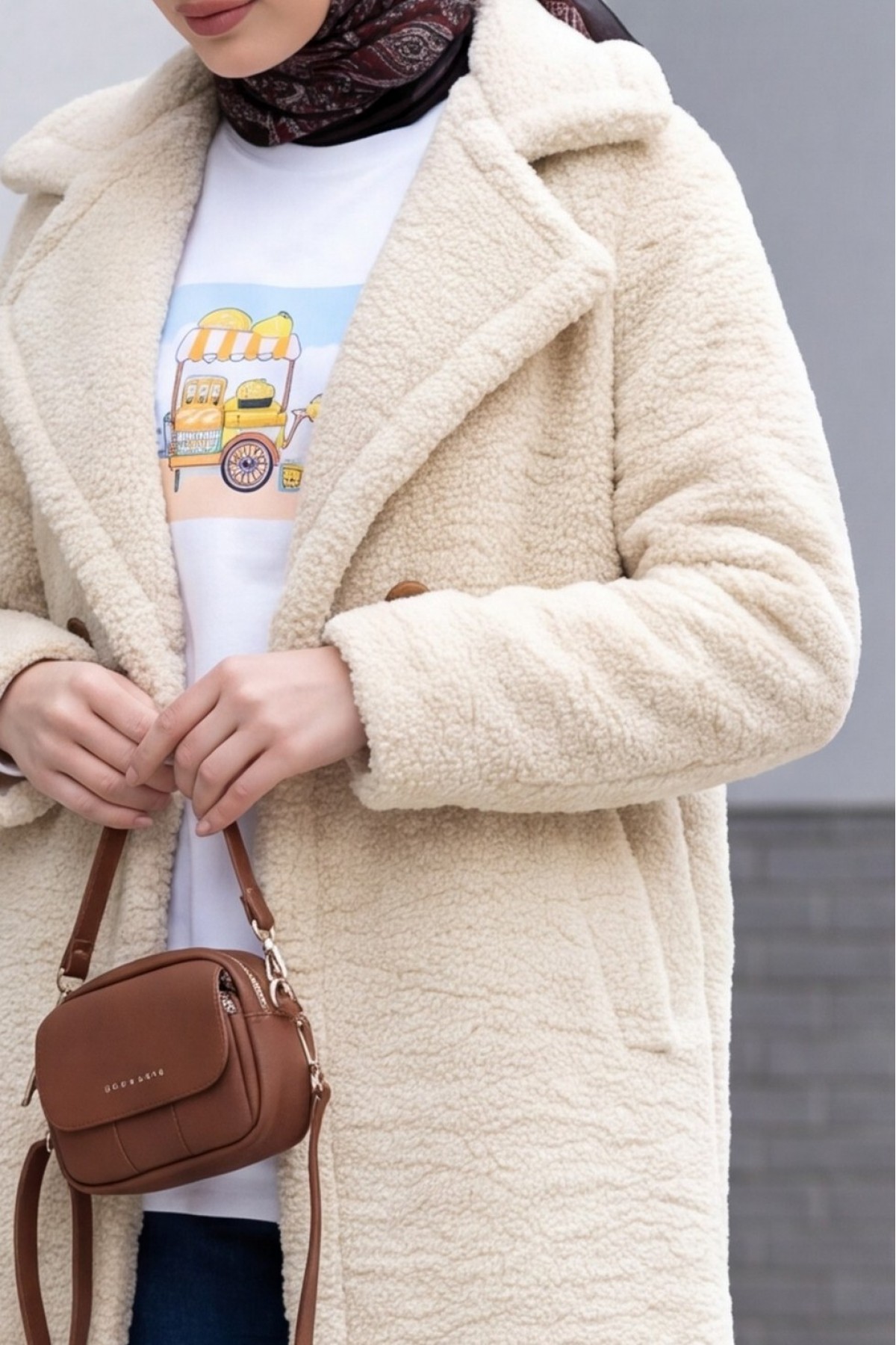 Double Buttoned Lined Plush Coat with Side Pockets -Light Mink